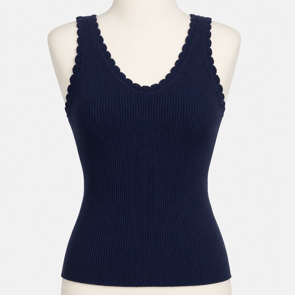 Tankaneo Navy Ribbed Knit Tank Top Women's XS Scalloped Trim Stretch Viscose NWT